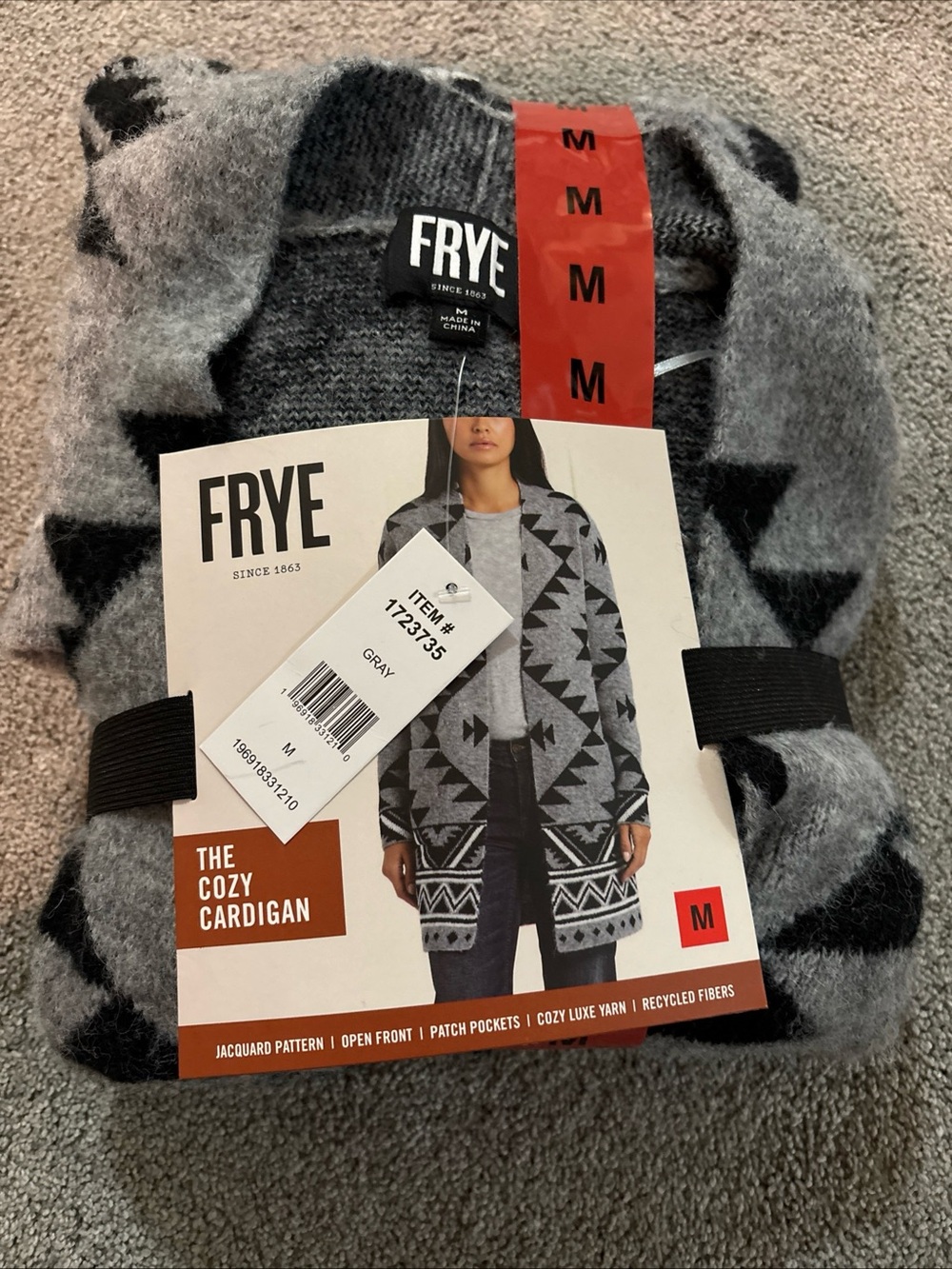 FRYE Gray and Black Aztec Open-Front Cardigan NWT